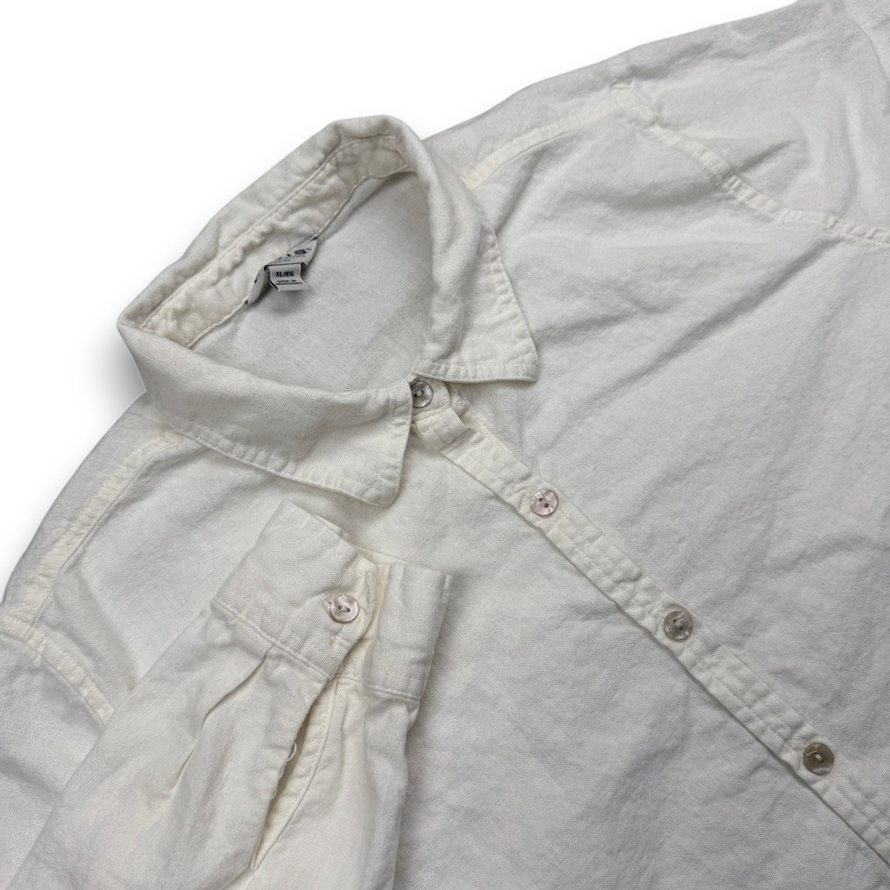 Orvis Shirt Women XL White Linen Blend Long Sleeve Roll Tab Classic Button Down